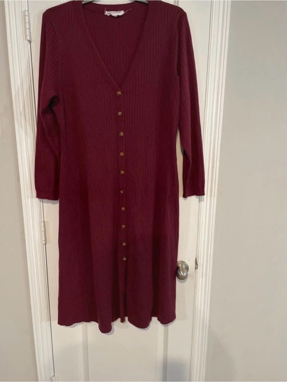Long-Sleeve Ribbed Button-Front Midi Dress in Wine